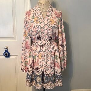 Boho Floral Print Pink Mini Dress with Long Sleeves